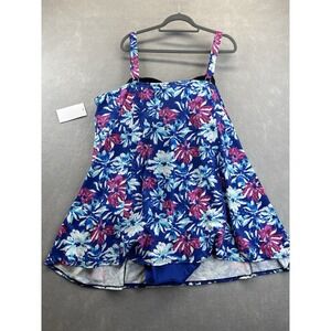 Swimsuits for All Tropical One Piece PLUS Size 18W Blue Swim Tank Dress Floral